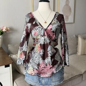 Leopard & Floral Satin-Feel Long Sleeve Top (Axara)